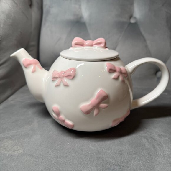 Lang Pink Bow White Pink Hand Painted Ceramic‎ Teapot NEW WITH TAG - Picture 2 of 9